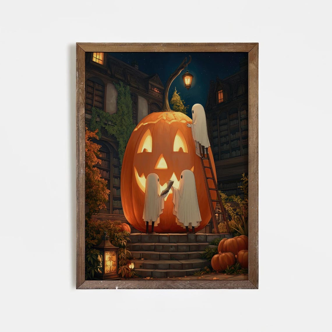 Ghosts Carving Giant Pumpkin On Library Steps At Night Poster