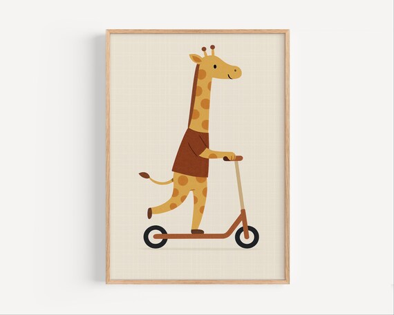 Giraffe On Scooter Scandinavian Animal Nursery Wall Art Minimalist Jungle Baby Room Decor