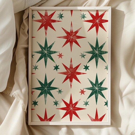 Red Green Vintage Christmas Stars Retro Holiday Pattern Art Print