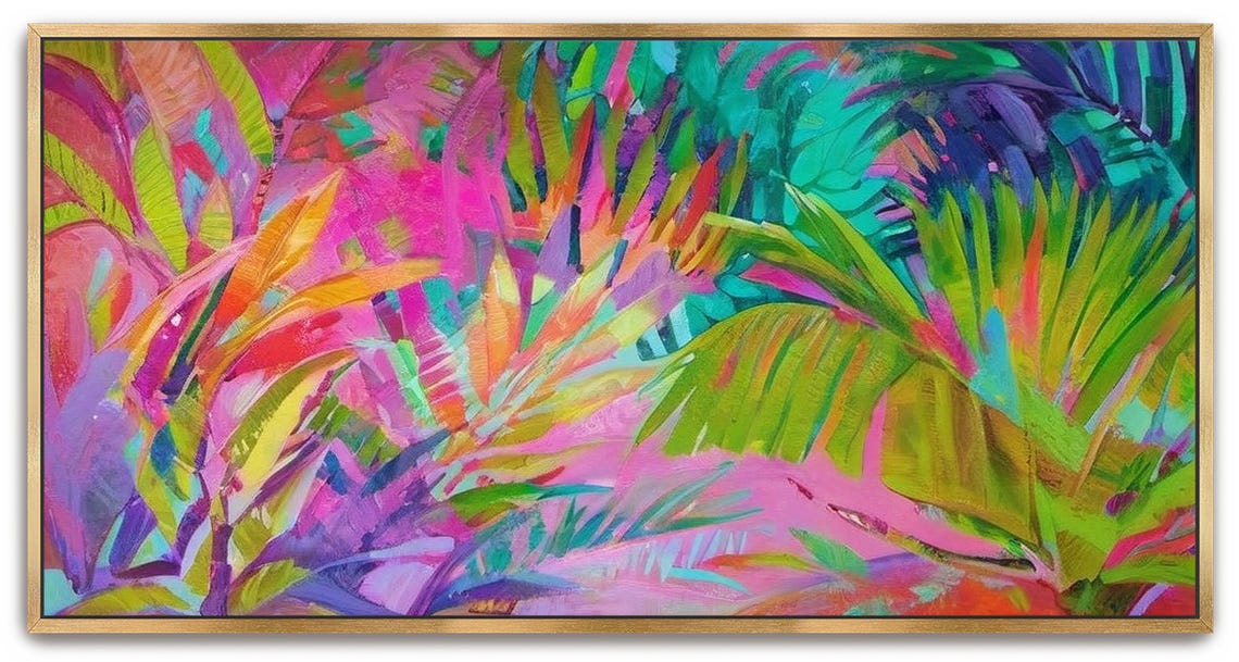 Hand Painted Abstract Acrylic Painting Large Colorful Artwork Wall Art Colorful Rainbow Tropical Jungle Palm Textured Framed Decor - Image 3