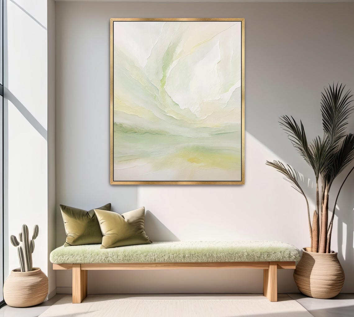 Olive Green Pastel Neutral Abstract Landscape Textured Art Poster - Image 2