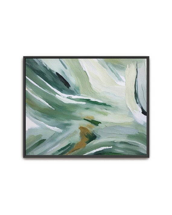 Hand Painted Abstract Acrylic Painting Large Artwork Wall Art Light Pastel Deep Olive Forest Green White Textured Framed Wall Decor