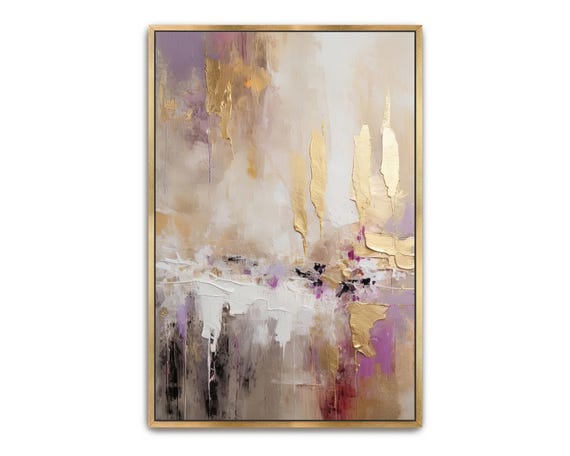 Hand Painted Abstract Acrylic Painting Large Artwork Wall Art Gold Beige Tan Cream Pink Purple Neutral White Textured Framed Decor