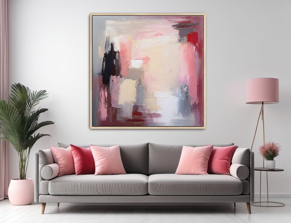 Hand Painted Abstract Acrylic Painting Large Artwork Modern Wall Art Pink Beige Gray Textured Framed Wall Decor Abstract Realms - Image 2