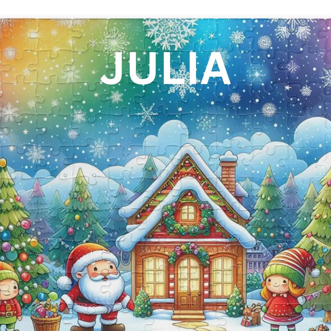 Christmas Jigsaw Puzzle Santa Snowy Cottage Rainbow Sky Festive Poster - Image 3