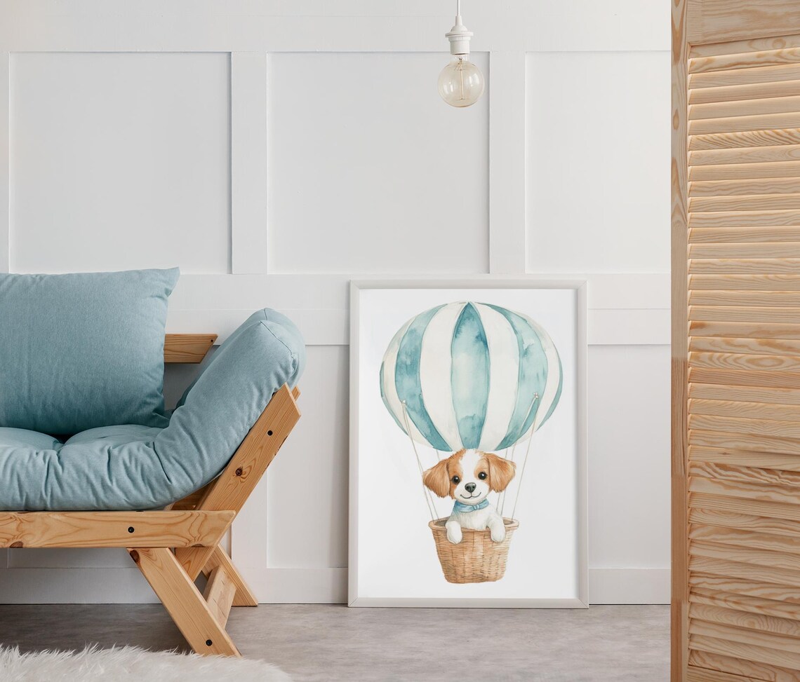 Cute Puppy Floating in Teal Hot Air Balloon Watercolor Nursery Poster - Image 2