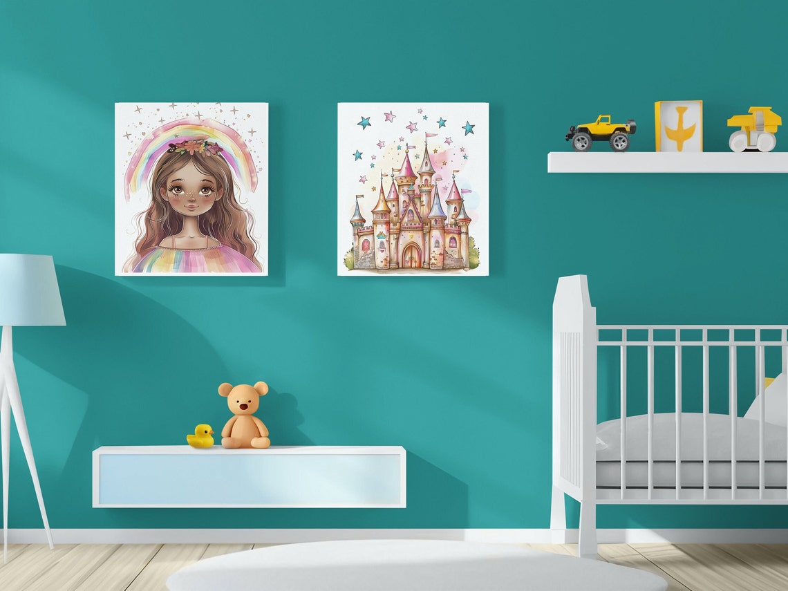 Rainbow Princess Girl and Pink Castle Watercolor Set of 2 Poster - Image 3