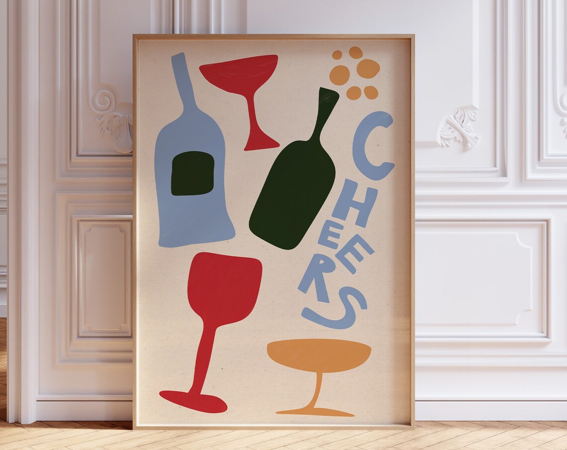 Cheers Abstract Wine Bottles Glasses Colorful Bar Cart Poster