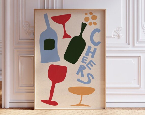 Cheers Abstract Wine Bottles Glasses Colorful Bar Cart Poster