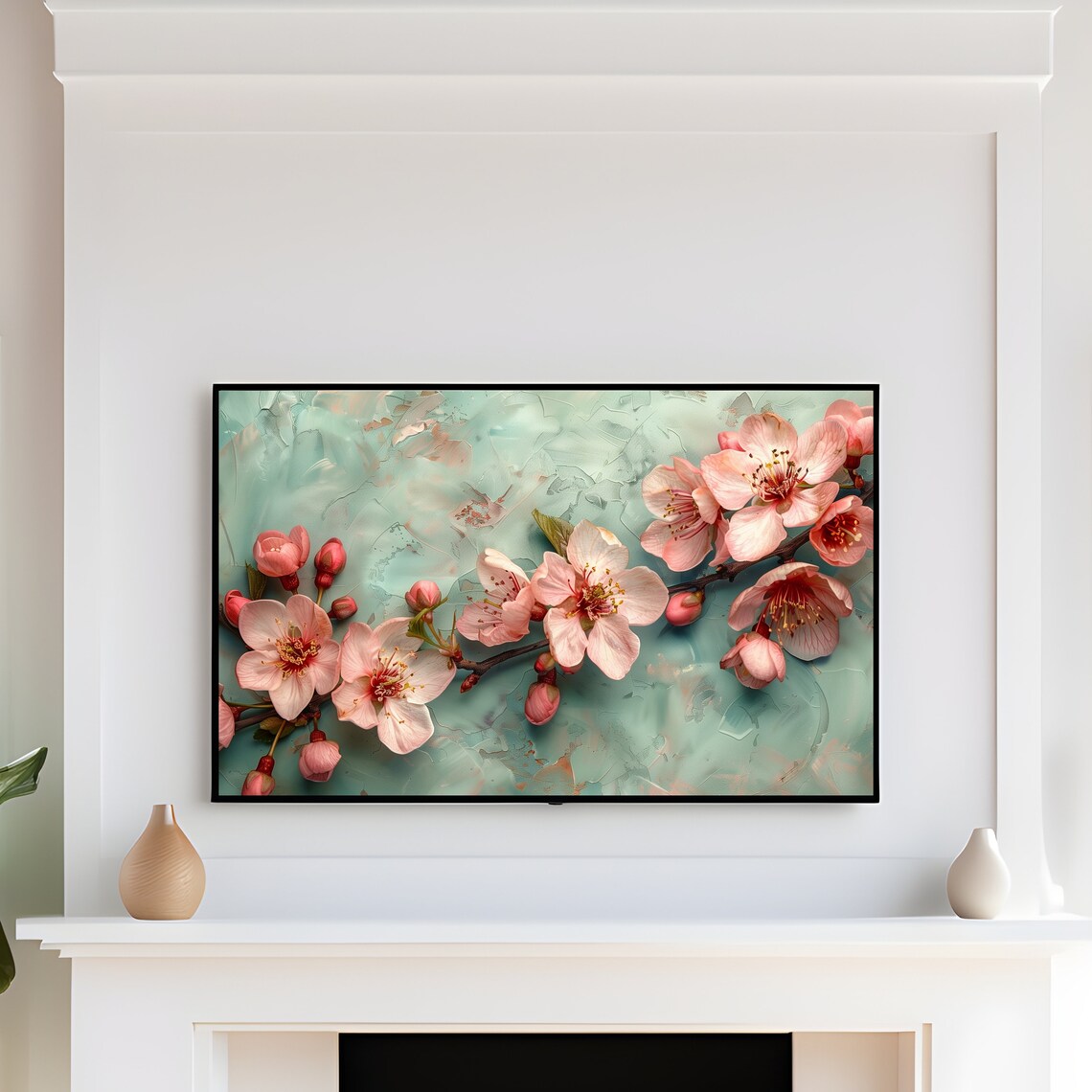 Pink Sakura Blossom Mint Textured Spring Branch Painting Art Print - Image 3