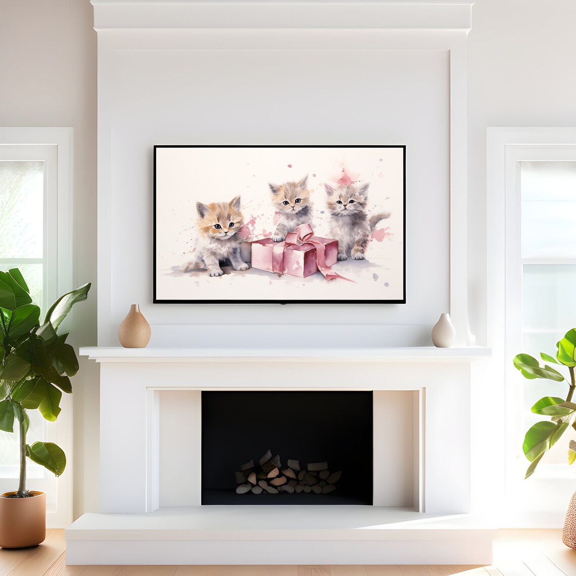 Three Kittens With Pink Gift Box Watercolor Cute Animal Poster - Image 4
