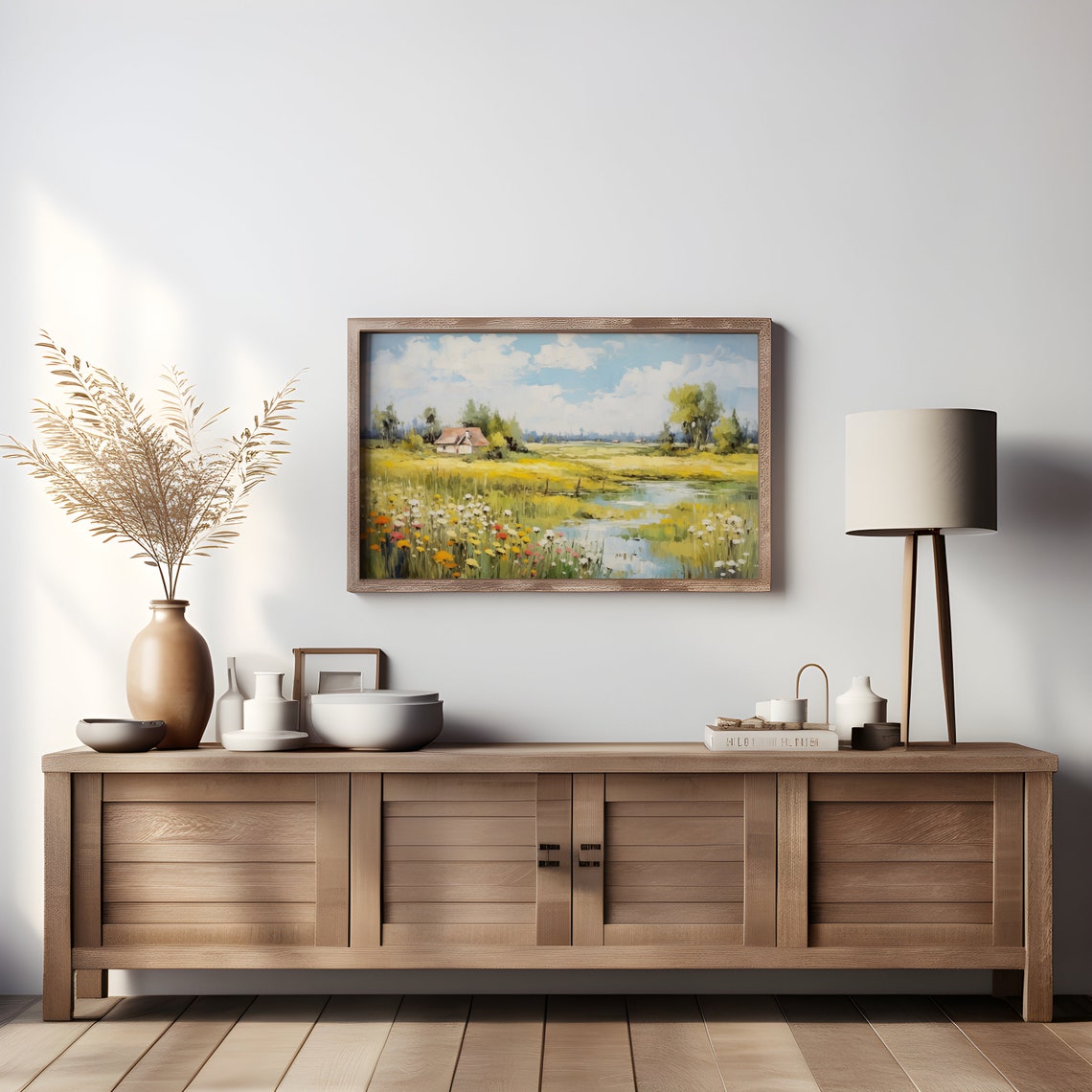 Sunny Countryside Cottage Stream Wildflower Field Vintage Oil Print - Image 3