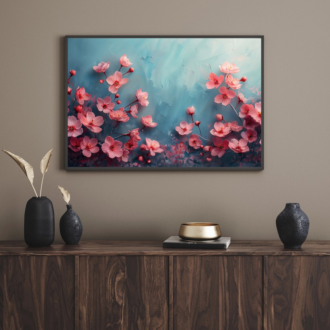 Pink Cherry Blossoms On Teal Textured Floral Painting Poster - Image 2