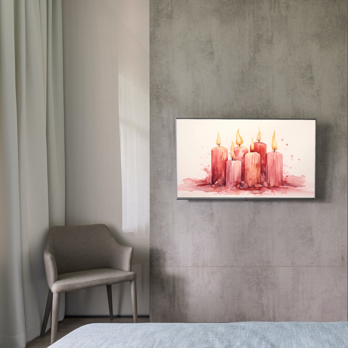 Pink Candle Cluster Lit Flames Watercolor Romantic Cozy Art Print - Image 3