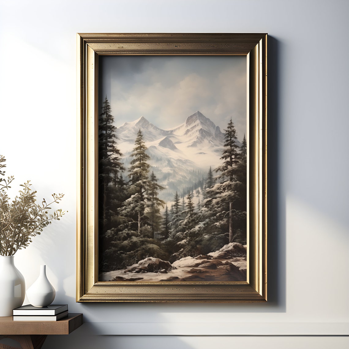 Vintage Landscape Snowy Pine Trees Intricate Detail Oil Painting Snowy Mountain Landscape Winter Wonderland Christmas Art - Image 2