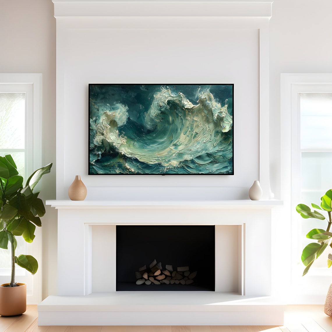 Textured Deep Teal Ocean Waves Dramatic Impasto Seascape Print - Image 4