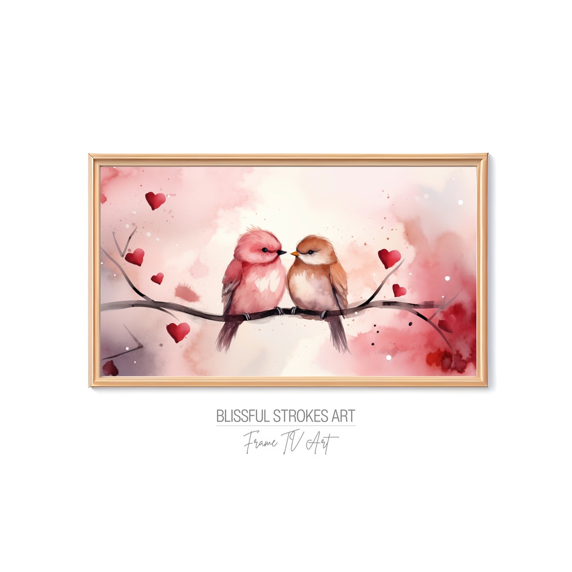 Love Birds Branch Red Hearts Watercolor Romantic Valentine Art Print - Image 4