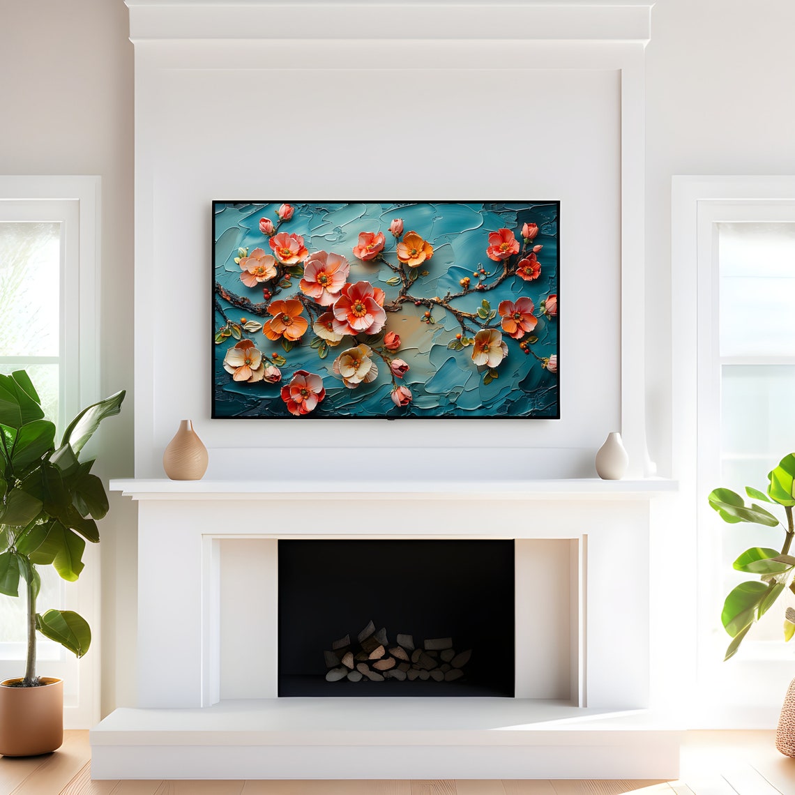 Cherry Blossom Branch Textured Impasto Teal Sakura Painting Print - Image 4