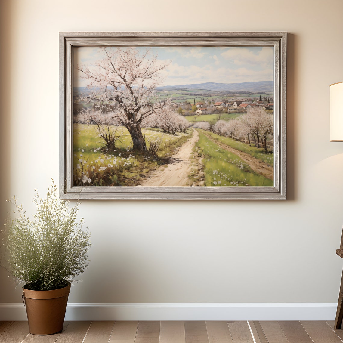 Orchard In Bloom Spring Landscape Village Path Vintage Painting Poster - Image 2