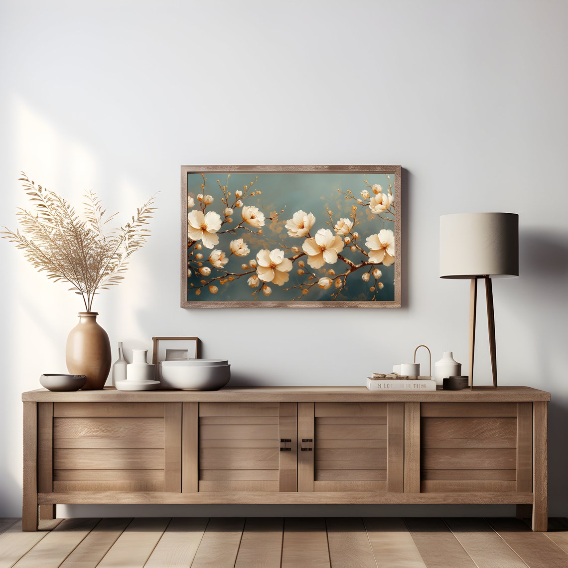 White Blossoms On Sage Green Branch Floral Wall Decor Poster - Image 3