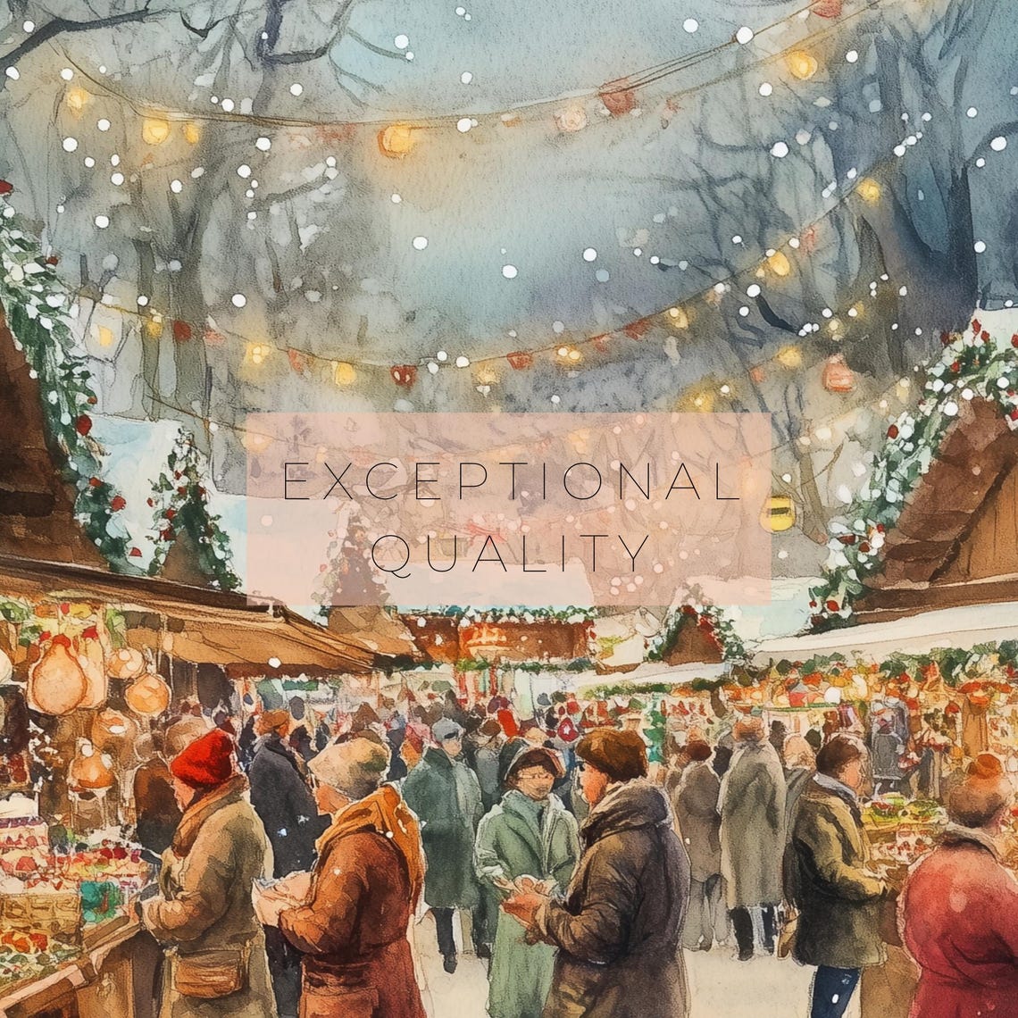 Christmas Market Watercolor Art Print Festive Holiday Marketplace Scene Winter Wonderland Painting Seasonal Christmas Wall Decor - Image 3