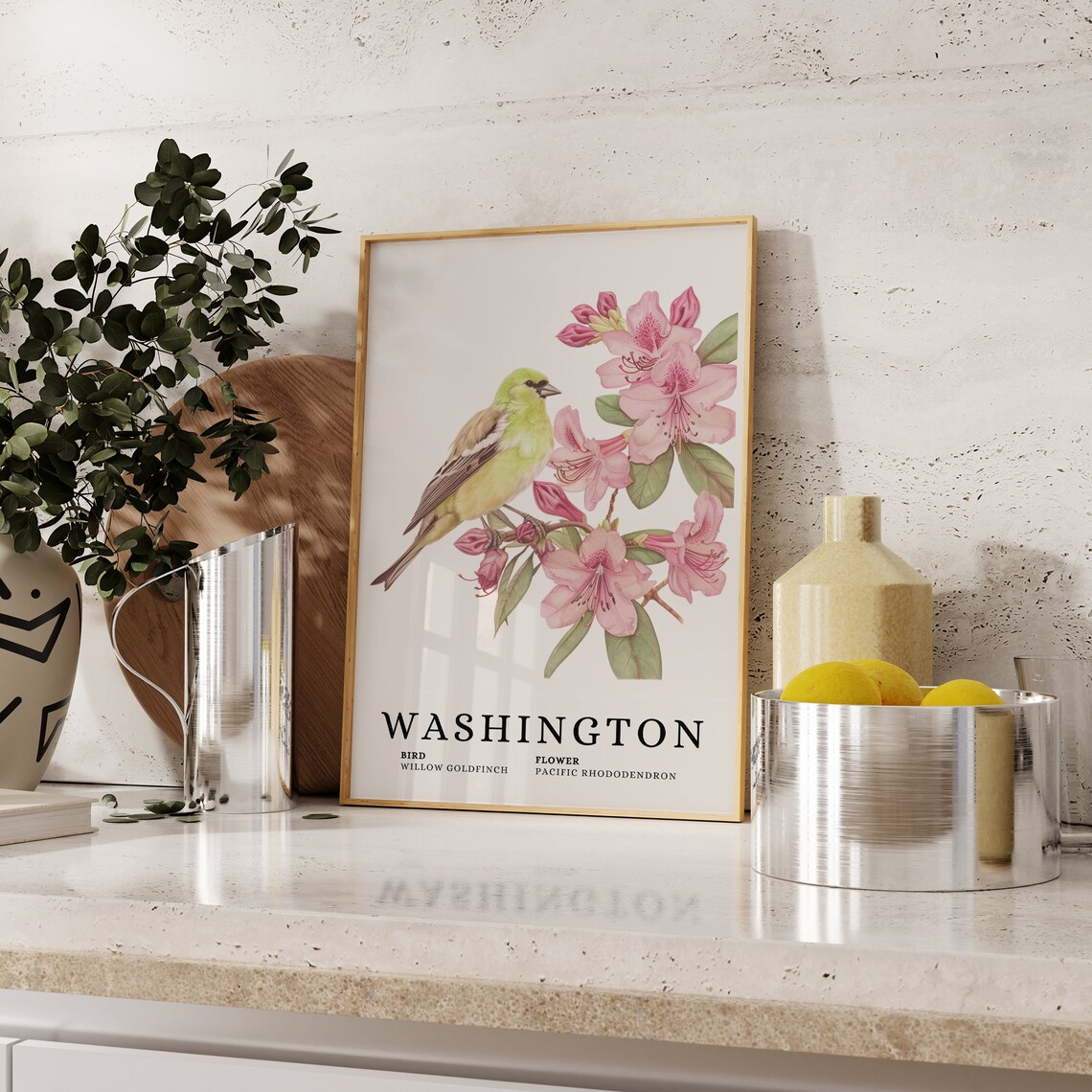 Washington Willow Goldfinch Pacific Rhododendron Bird Flower Print - Image 2