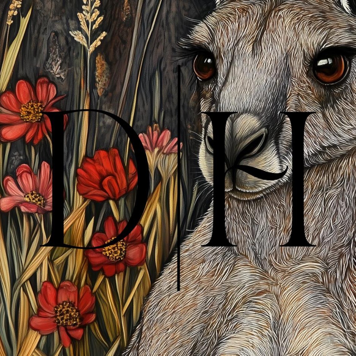 Kangaroo Portrait Red Wildflowers Golden Wheat Dark Field Art Poster - Image 3