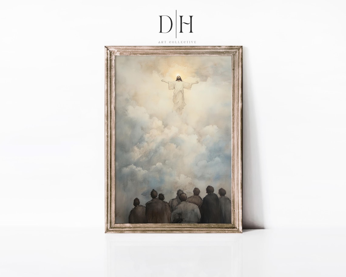 Ascension Of Jesus Rising Into Clouds Vintage Christian Faith Art Print
