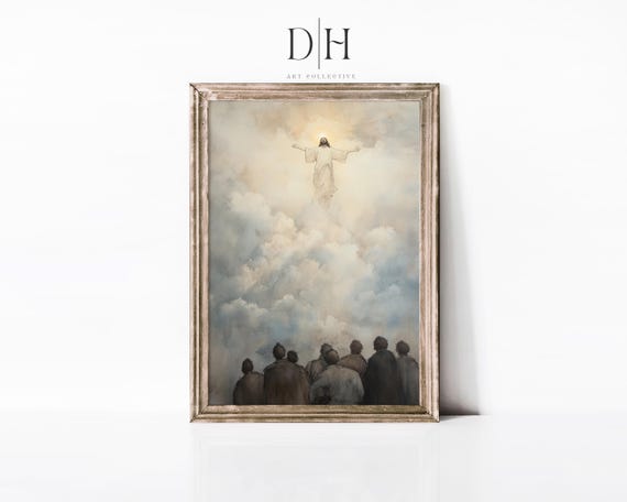 Ascension Of Jesus Art Print Neutral Jesus Painting Bible Verse Artwork Vintage Religious Wall Art