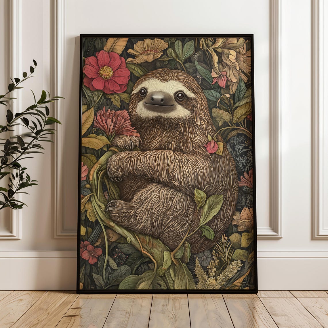 Smiling Sloth Wrapped On Branch Red Blossoms Cottagecore Art Poster