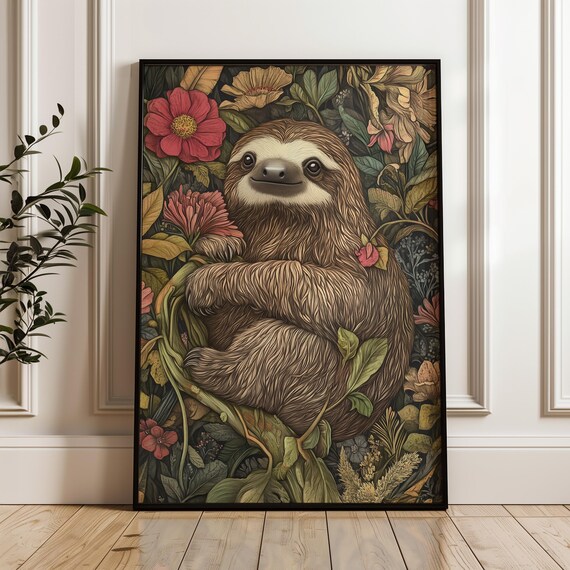 Smiling Sloth Wrapped On Branch Red Blossoms Cottagecore Art Poster