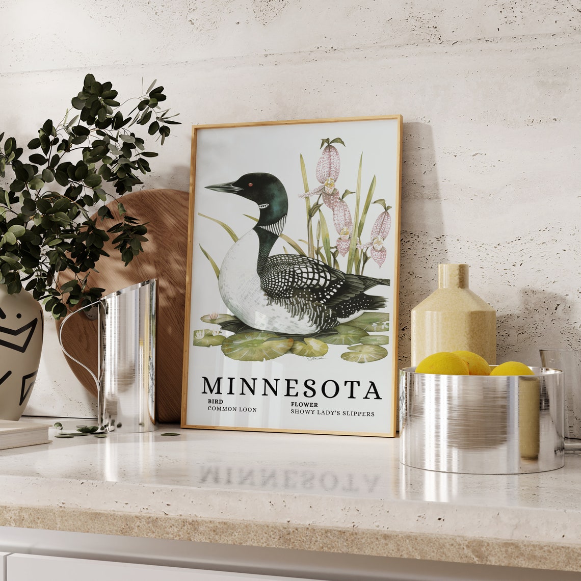 Minnesota Common Loon Showy Ladys Slippers Bird Flower Art Print - Image 2