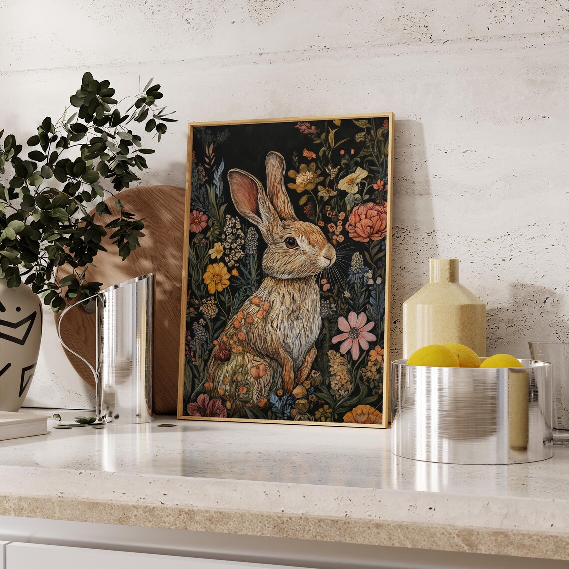 Brown Hare Sitting Among Colorful Wildflowers Dark Meadow Art Poster - Image 2