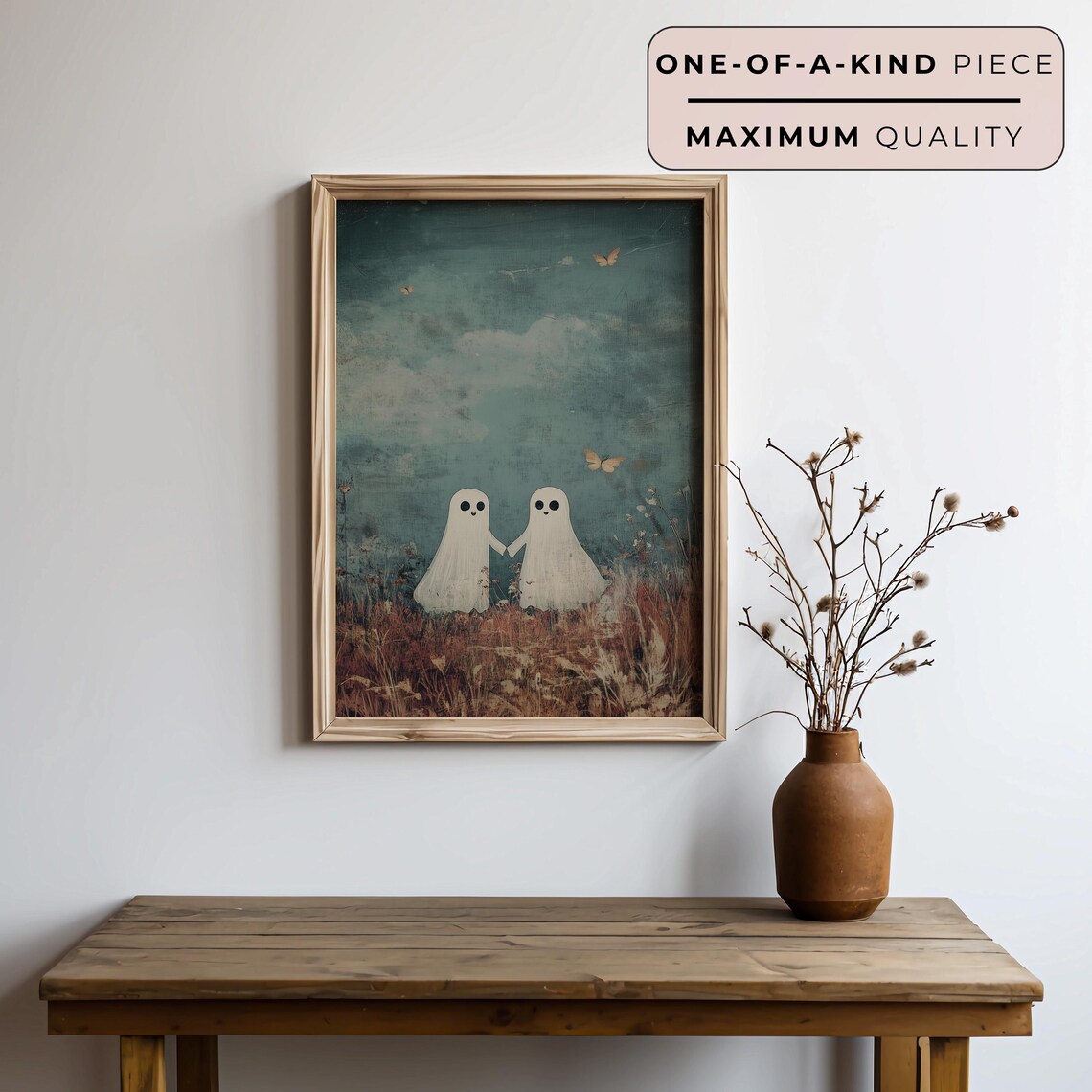 Two Ghost Friends Holding Hands Butterflies Moody Fall Halloween Poster - Image 3