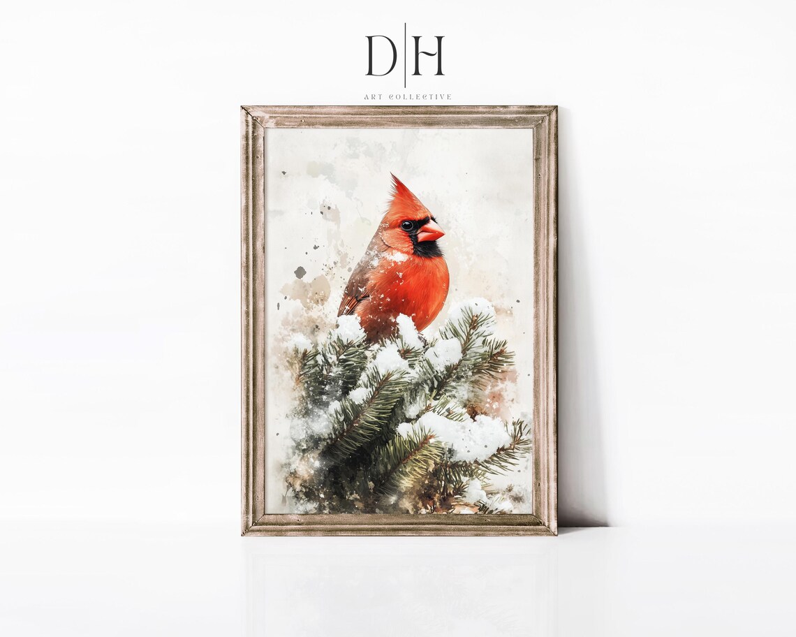 Red Cardinal On Snowy Pine Branch Winter Bird Watercolor Art Poster
