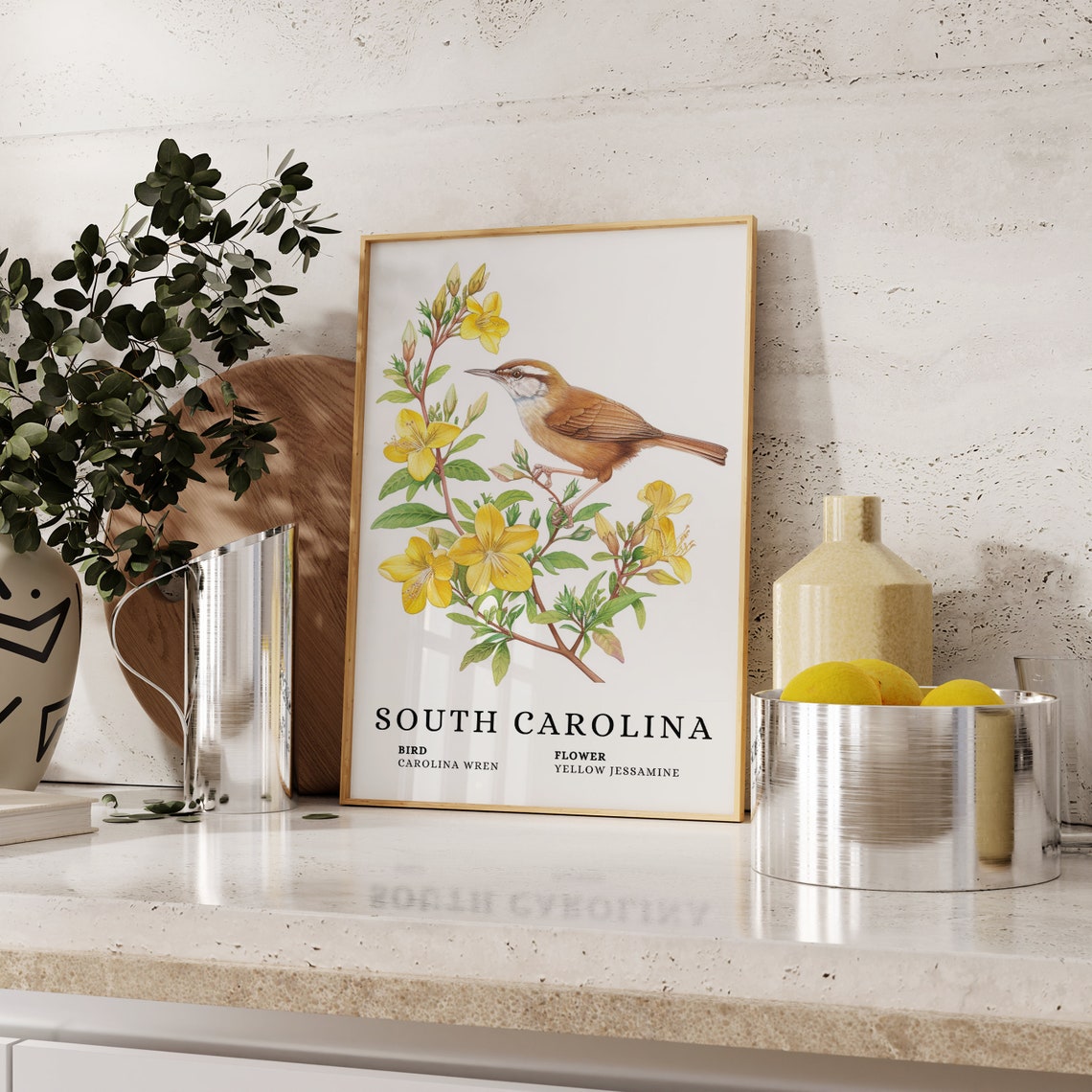 South Carolina Carolina Wren State Bird And Yellow Jessamine Flower Art Print Wren Bird Jessamine Flower Art South Carolina Wall Art - Image 2