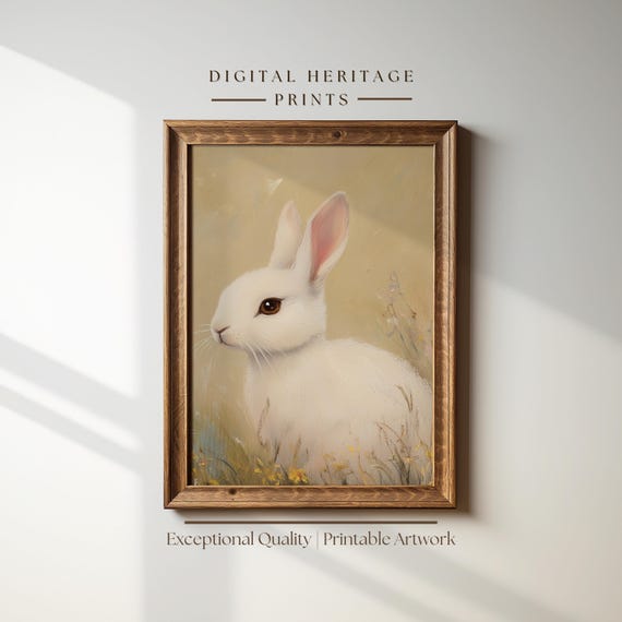 Bunny Art Print Spring Rabbit Wall Art Cute Vintage Bunny Decor Neutral Farmhouse Nursery Painting