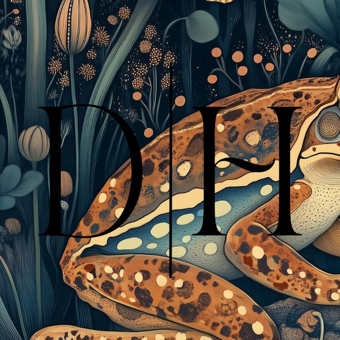 Spotted Brown Frog Golden Night Flowers Dark Teal Pond Art Poster - Image 3