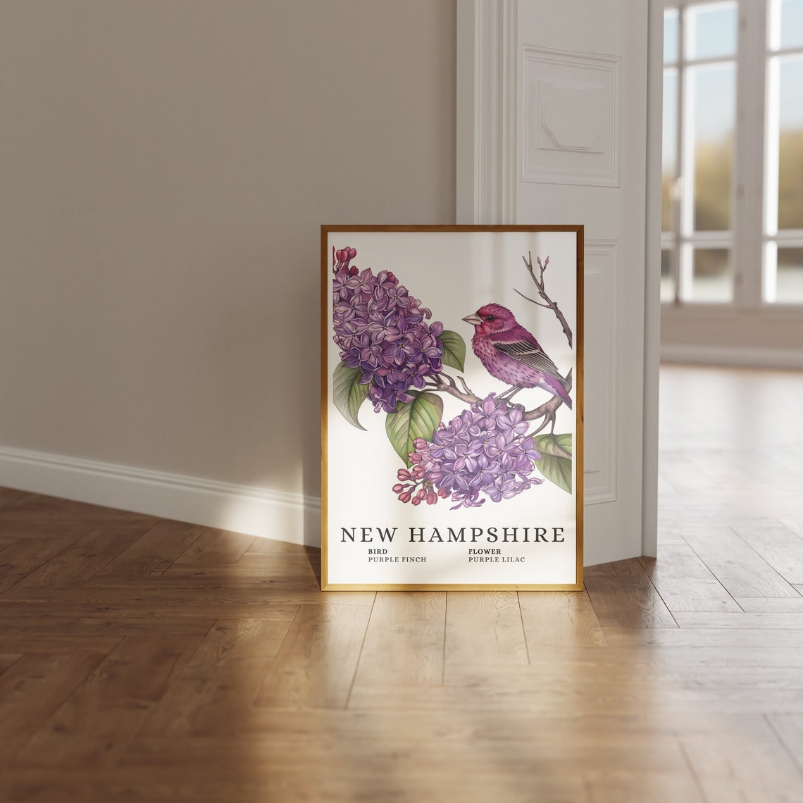 New Hampshire Purple Finch State Bird And Purple Lilac Art Print Finch Bird Lilac Flower Art New Hampshire State Wall Art Print - Image 3