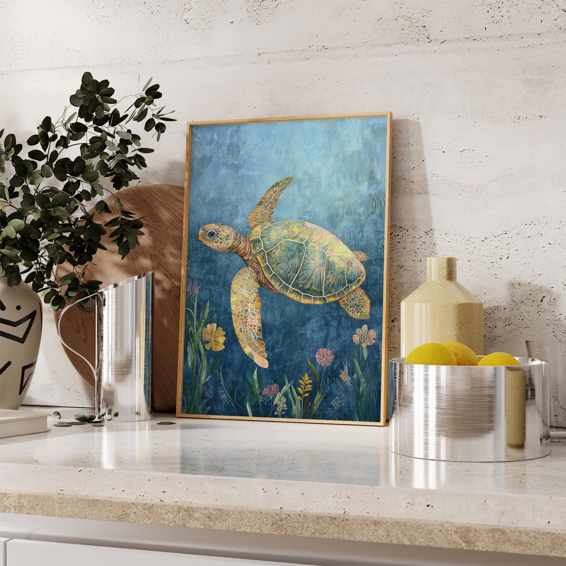 Sea Turtle Swimming Blue Ocean Wildflowers Seagrass Nautical Poster - Image 2