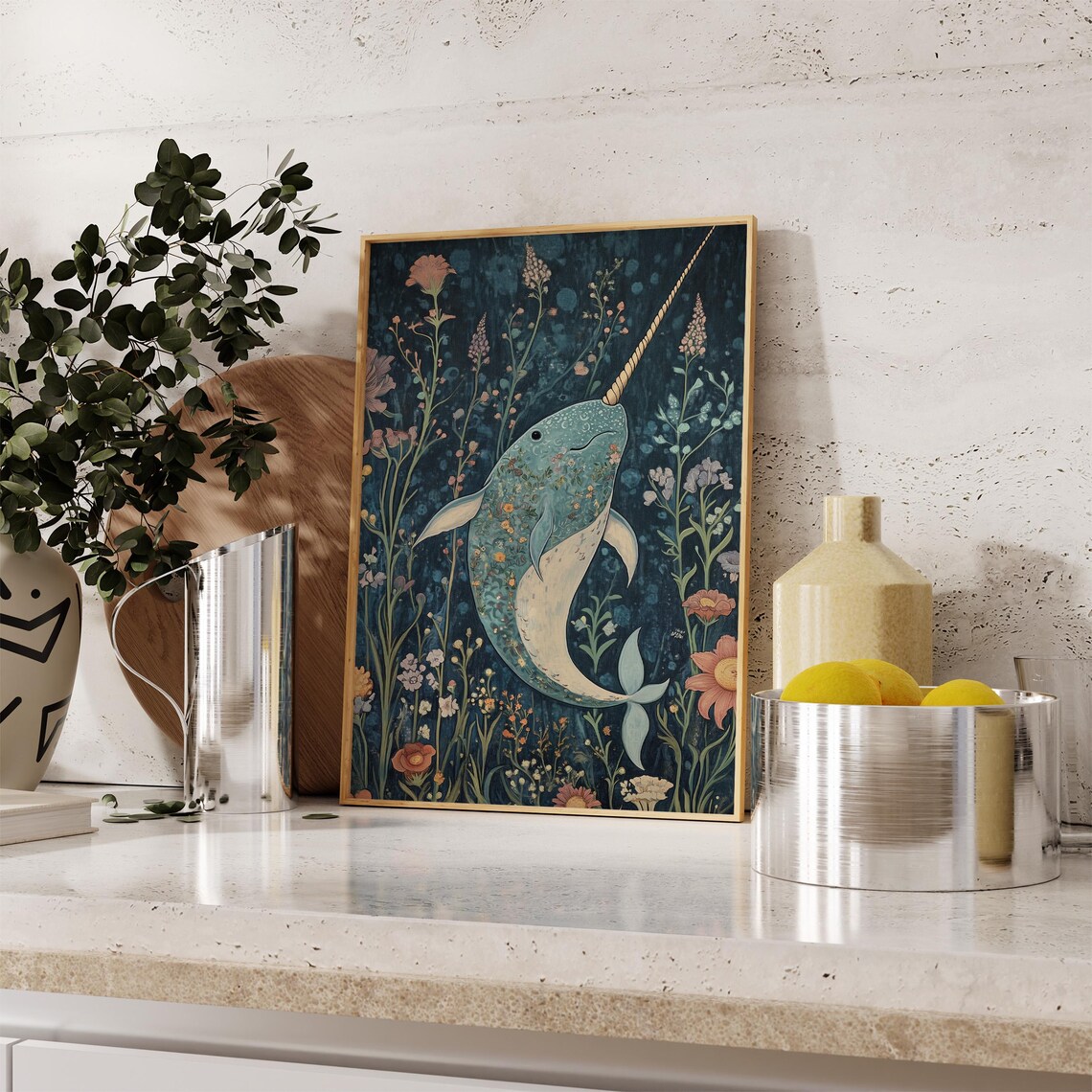 Narwhal Whale Spiral Tusk Sea Flowers Deep Teal Nautical Art Poster - Image 2