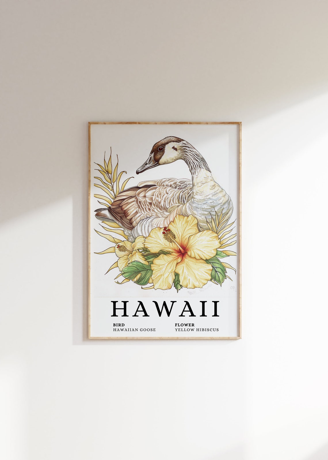 Hawaii Hawaiian Goose Yellow Hibiscus Bird and Flower Art Print