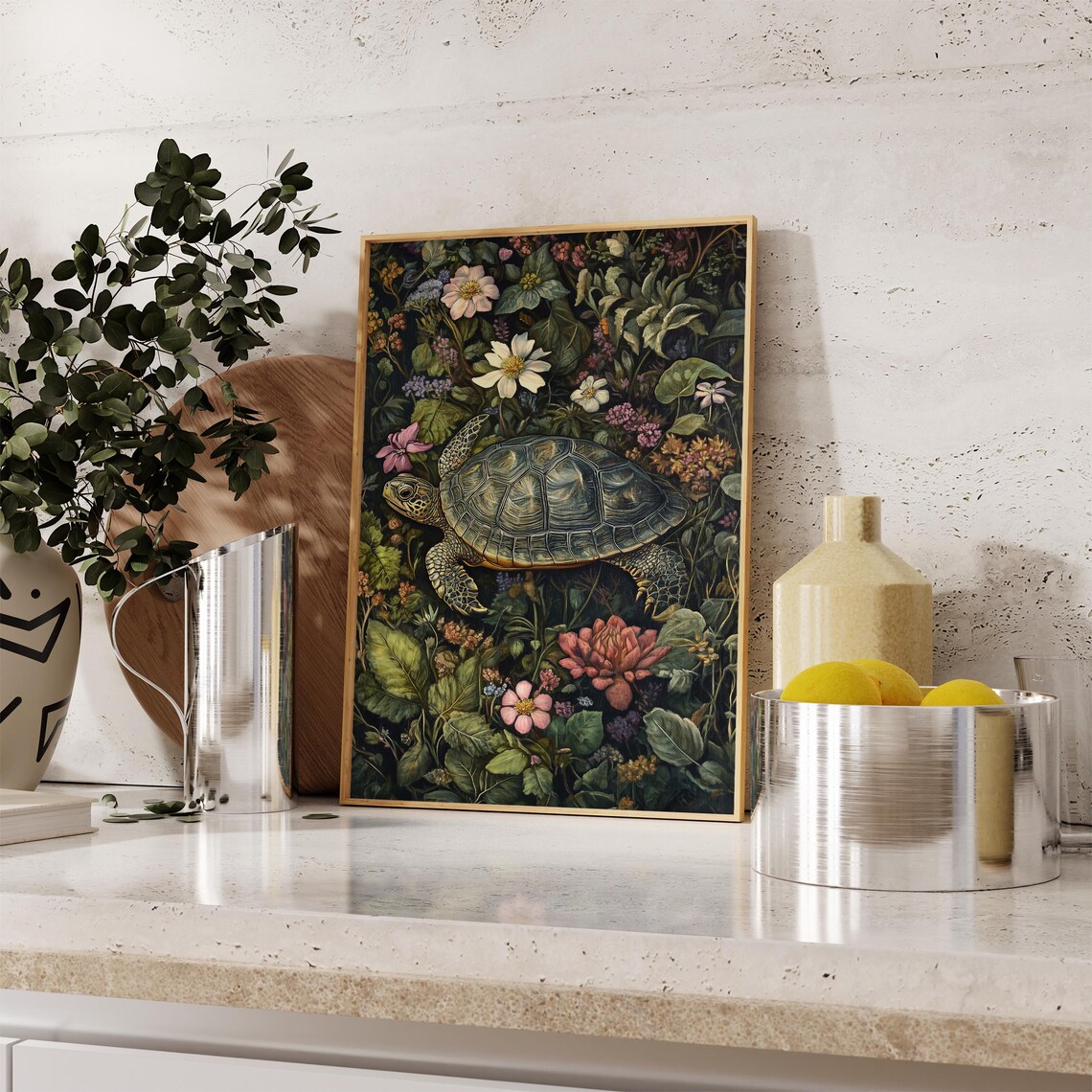 Green Sea Turtle Swimming Dark Botanical Garden Floral Wall Poster - Image 2