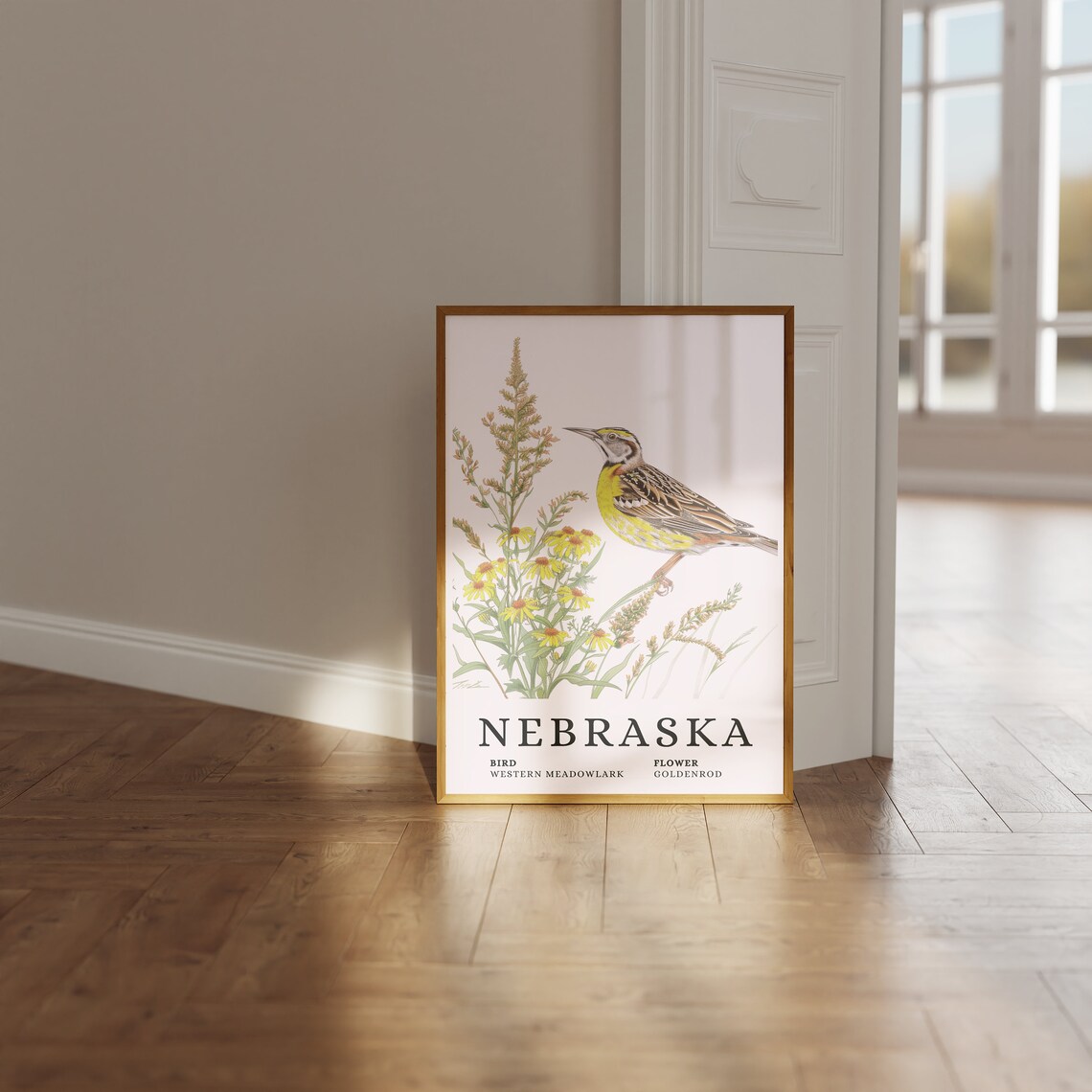Nebraska Western Meadowlark Goldenrod Bird and Flower Art Print - Image 3