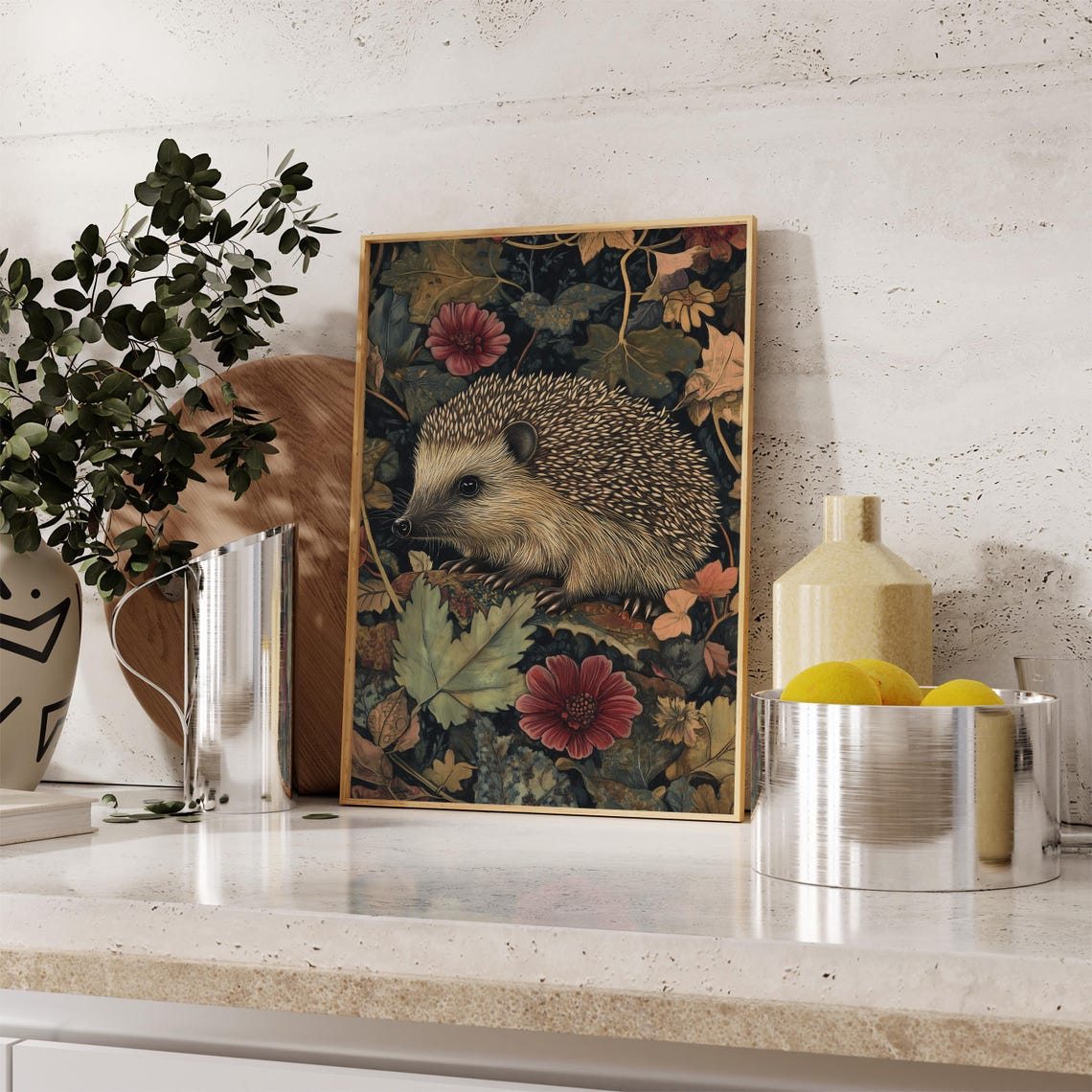 Hedgehog Among Autumn Leaves Red Blossoms Dark Forest Floor Art Poster - Image 3