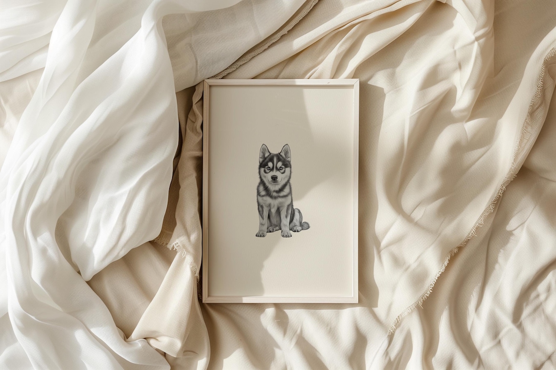Siberian Husky Puppy Sitting Portrait Minimalist Beige Dog Poster