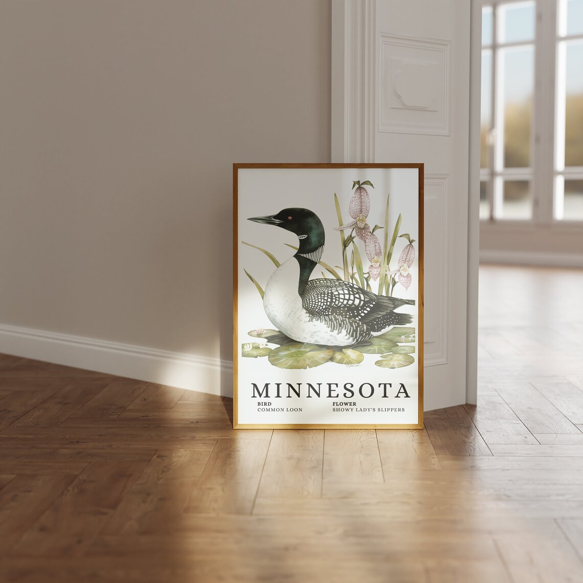 Minnesota Common Loon Showy Ladys Slippers Bird Flower Art Print - Image 3