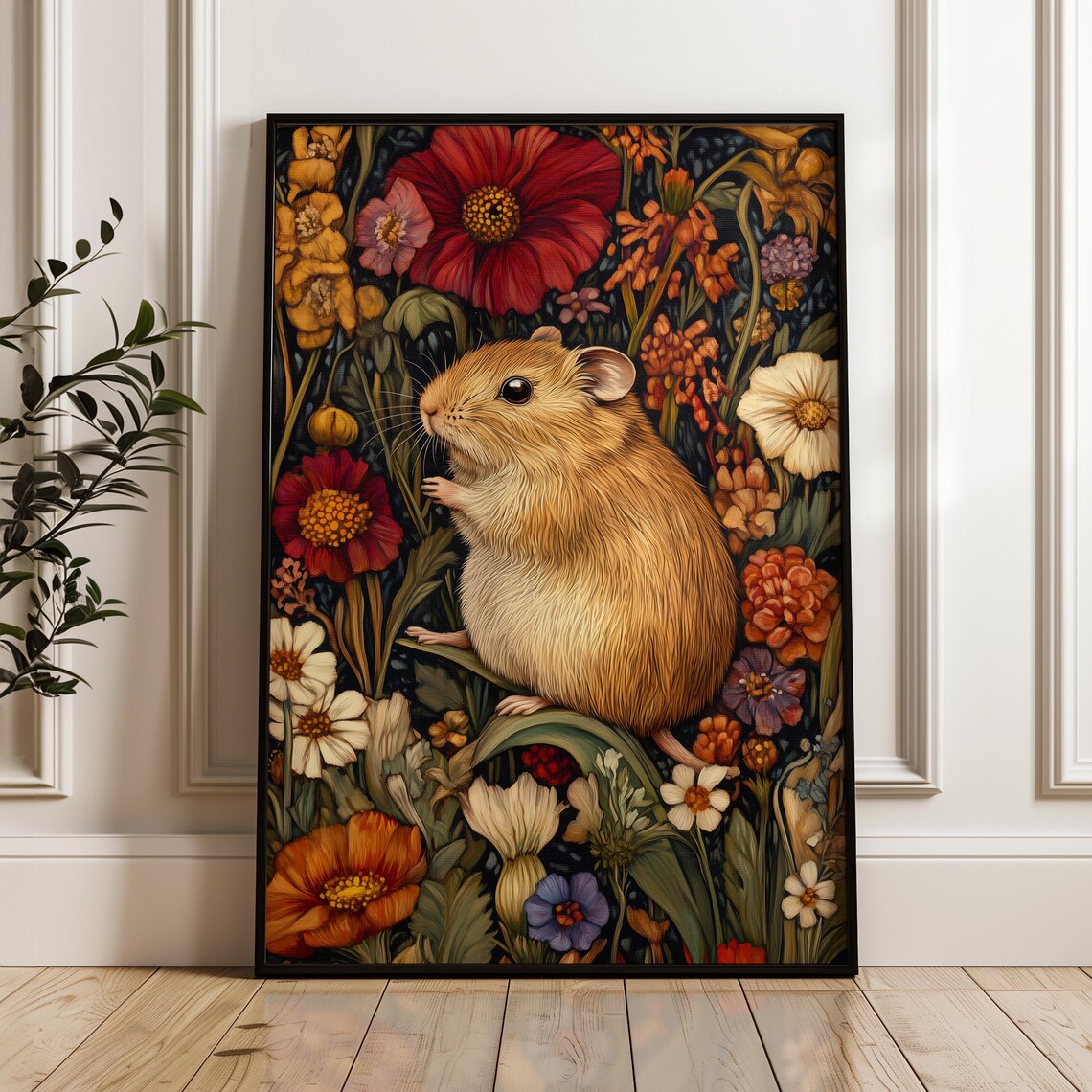 Golden Hamster Among Red Orange Wildflowers Dark Botanical Art Poster