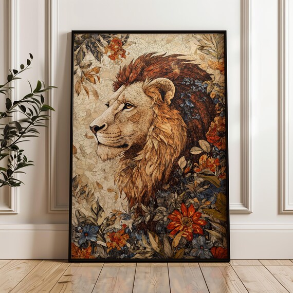 Lion Profile Golden Mane Aged Parchment Red Wildflowers Art Poster
