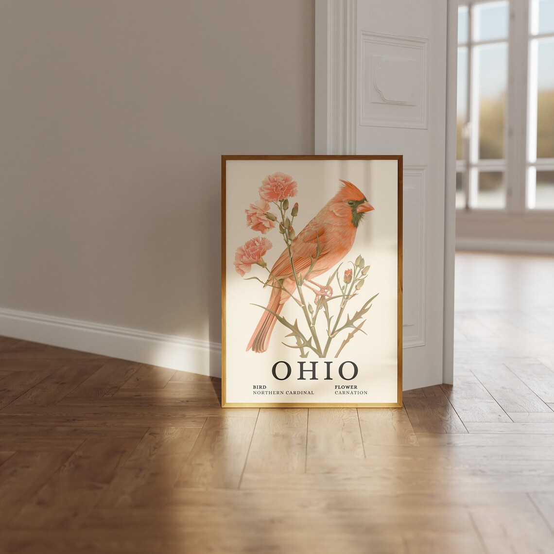 Ohio Northern Cardinal Carnation Botanical Bird and Flower Art Print - Image 3